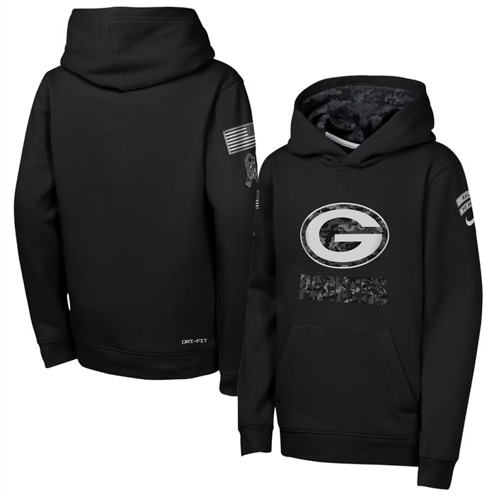 Youth Green Bay Packers Black 2026 Salute to Service Club Fleece Pullover Hoodie